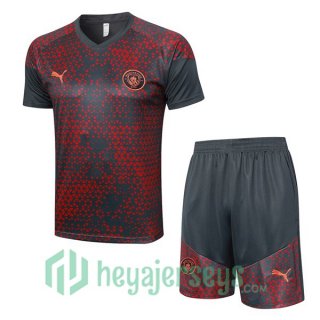 Manchester City Training T-Shirts + Shorts Red Gray 2023/2024