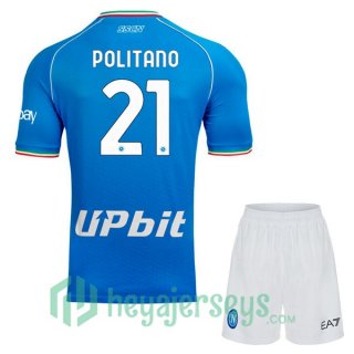 SSC Napoli (Matteo Politano 21) Kids Home Soccer Jerseys Blue 2023/2024