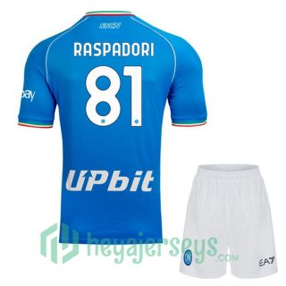 SSC Napoli (Giacomo Raspadori 81) Kids Home Soccer Jerseys Blue 2023/2024