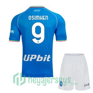 SSC Napoli (Victor Osimhen 9) Kids Home Soccer Jerseys Blue 2023/2024