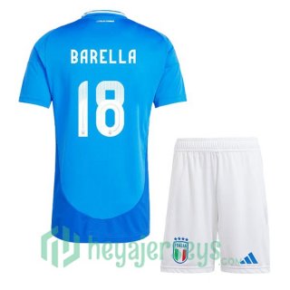 Italy (BARELLA 18) Kids Soccer Jerseys Home Blue UEFA Euro 2024