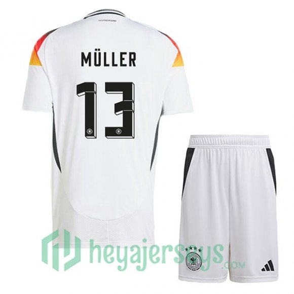 Germany (MÜLLER 13) Kids Soccer Jerseys Home White UEFA Euro 2024