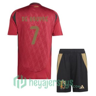 Belgium (DE BRUYNE 7) Kids Soccer Jerseys Home Red UEFA Euro 2024