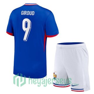 France (Giroud 9) Kids Home Soccer Jerseys Blue UEFA Euro 2024