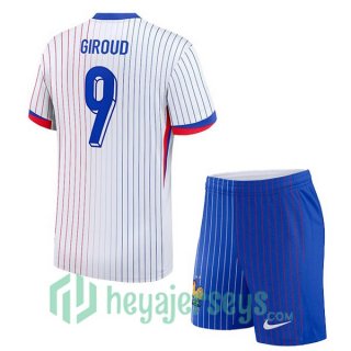 France (Giroud 9) Kids Away Soccer Jerseys White UEFA Euro 2024