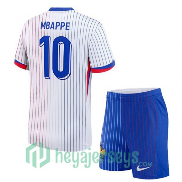France (MBAPPE 10) Kids Away Soccer Jerseys White UEFA Euro 2024