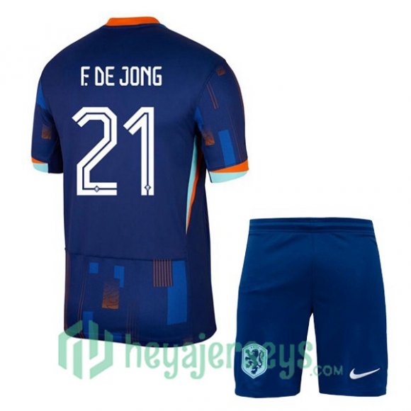 Netherlands (F. DE JONG 21) Kids Away Soccer Jerseys Blue Royal UEFA Euro 2024
