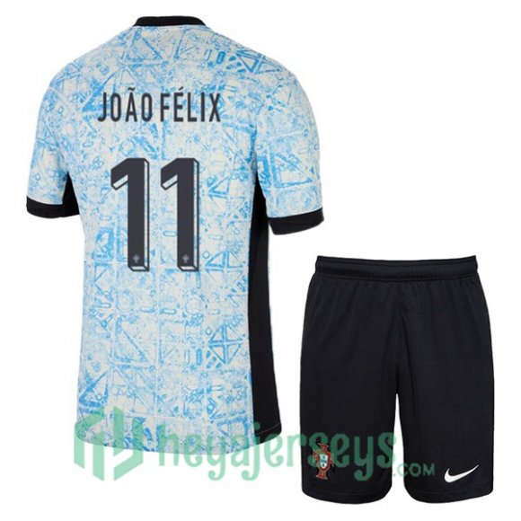 Portugal (JOÃO FÉLIX 11) Kids Away Soccer Jerseys Blue White UEFA Euro 2024