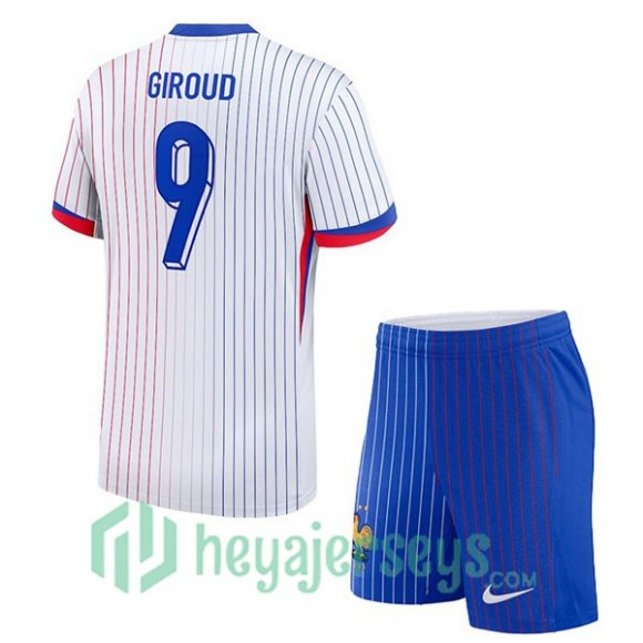 France (Giroud 9) Kids Away Soccer Jerseys White 2024/2025