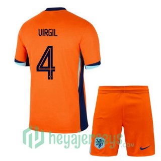 Netherlands (VIRGIL 4) Kids Home Soccer Jerseys Orange 2024/2025