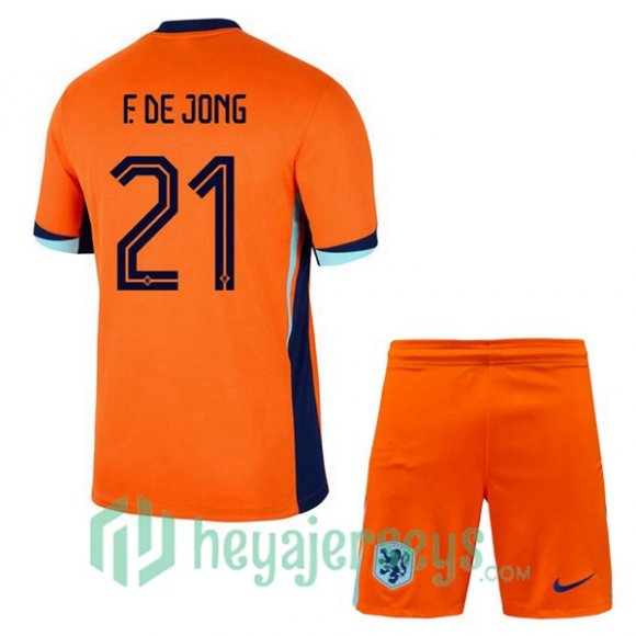 Netherlands (F. DE JONG 21) Kids Home Soccer Jerseys Orange 2024/2025