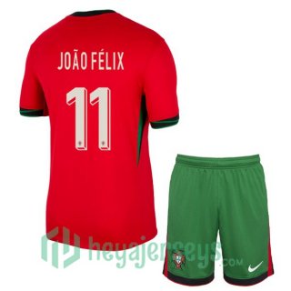 Portugal (JOÃO FÉLIX 11) Kids Home Soccer Jerseys Red 2024/2025