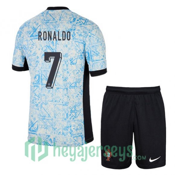 Portugal (RONALDO 7) Kids Away Soccer Jerseys Blue White 2024/2025