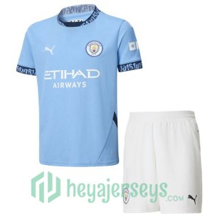 Manchester City Kids Home Soccer Jerseys Blue 2024-2025