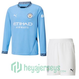 Manchester City Kids Home Soccer Jerseys Long Sleeve Blue 2024-2025