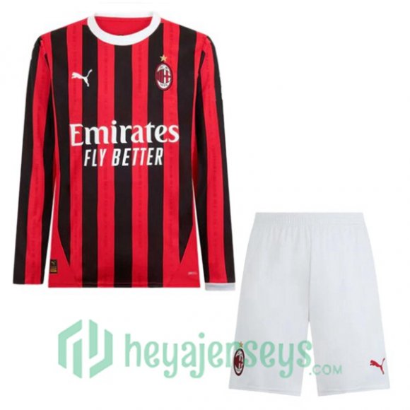 AC Milan Kids Home Soccer Jerseys Long Sleeve Red Black 2024-2025