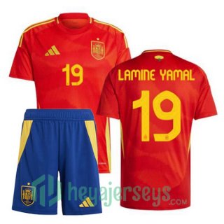 Spain (LAMINE YAMAL 19) Kids Home Soccer Jerseys Red UEFA Euro 2024