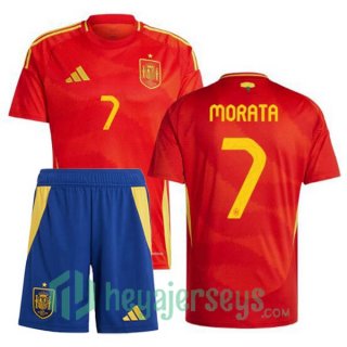 Spain (MORATA 7) Kids Home Soccer Jerseys Red UEFA Euro 2024