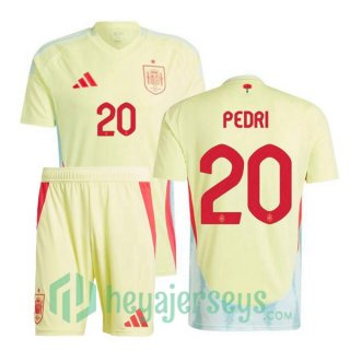 Spain (PEDRI 20) Kids Away Soccer Jerseys Yellow UEFA Euro 2024