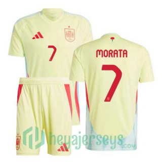 Spain (MORATA 7) Kids Away Soccer Jerseys Yellow 2024-2025