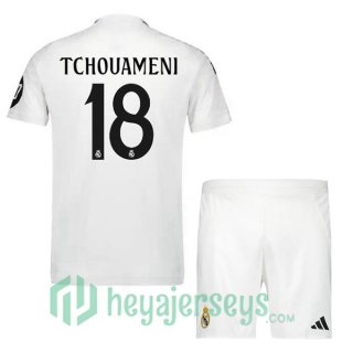 Real Madrid (Tchouameni 18) Kids Home Soccer Jerseys White 2024-2025