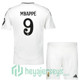 Real Madrid (Mbappé 9) Kids Home Soccer Jerseys White 2024-2025
