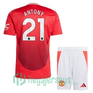 Manchester United (Antony 21) Kids Home Soccer Jerseys Red 2024-2025