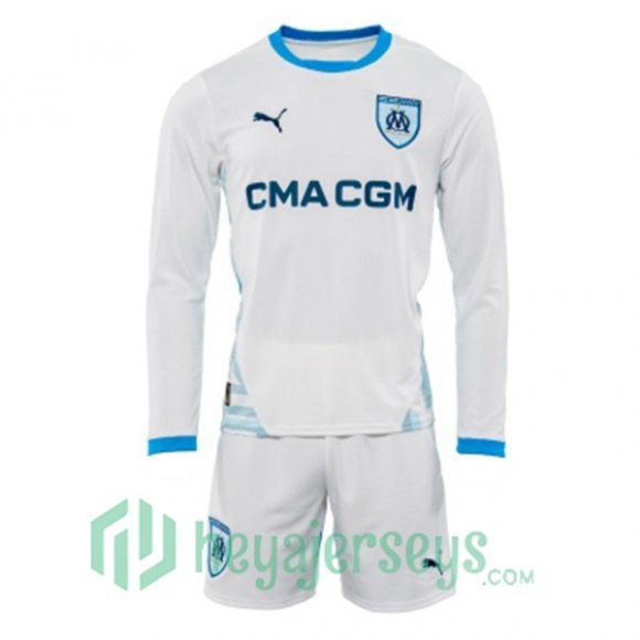 Olympique Marseille Kids Home Soccer Jerseys Long Sleeve White 2024-2025