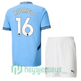 Manchester City (Rodrigo 16) Kids Home Soccer Jerseys Blue 2024-2025