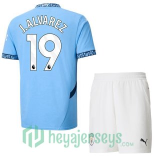 Manchester City (Julián Álvarez 19) Kids Home Soccer Jerseys Blue 2024-2025