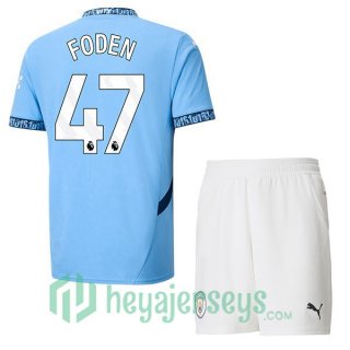 Manchester City (Phil Foden 47) Kids Home Soccer Jerseys Blue 2024-2025