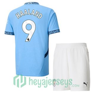 Manchester City (Erling Haaland 9) Kids Home Soccer Jerseys Blue 2024-2025