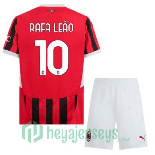 AC Milan (Rafa Leão 10) Kids Home Soccer Jerseys Red Black 2024-2025