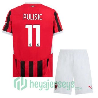 AC Milan (Pulisic 11) Kids Home Soccer Jerseys Red Black 2024-2025