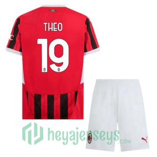 AC Milan (THEO 19) Kids Home Soccer Jerseys Red Black 2024-2025