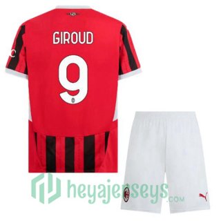 AC Milan (Giroud 9) Kids Home Soccer Jerseys Red Black 2024-2025