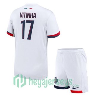 Paris Saint Germain (Vitinha 17) Kids Away Soccer Jerseys White 2024-2025