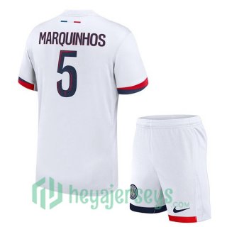 Paris Saint Germain (Marquinhos 5) Kids Away Soccer Jerseys White 2024-2025