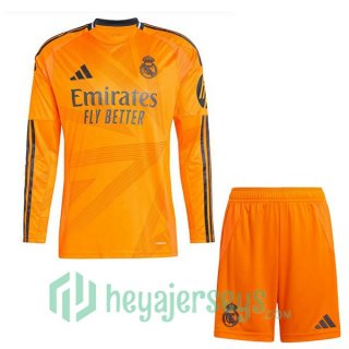 Real Madrid Kids Away Soccer Jerseys Long Sleeve Orange 2024/2025