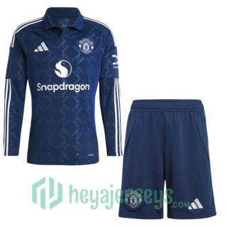 Manchester United Kids Away Soccer Jerseys Long Sleeve Blue 2024/2025