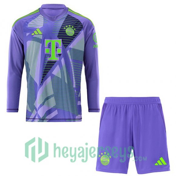 Bayern Munich Kids Goalkeeper Soccer Jerseys Long Sleeve Purple 2024/2025