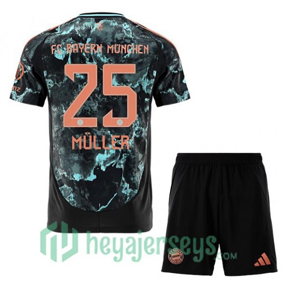 Bayern Munich (Müller 25) Kids Away Soccer Jerseys Black 2024/2025