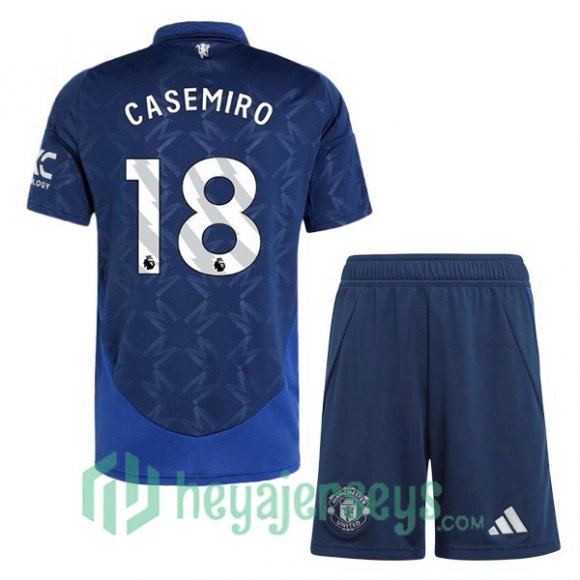 Manchester United (Casemiro 18) Kids Away Soccer Jerseys Blue 2024/2025