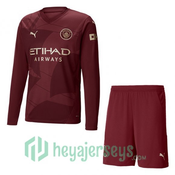 Manchester City Kids Third Soccer Jerseys Long Sleeve Marron 2024/2025