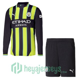 Manchester City Kids Away Soccer Jerseys Long Sleeve Green Black 2024/2025