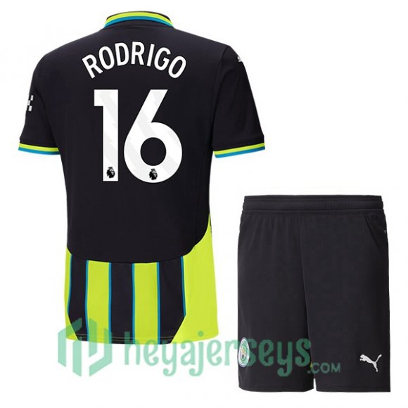 Manchester City (Rodrigo 16) Kids Away Soccer Jerseys Green Black 2024/2025