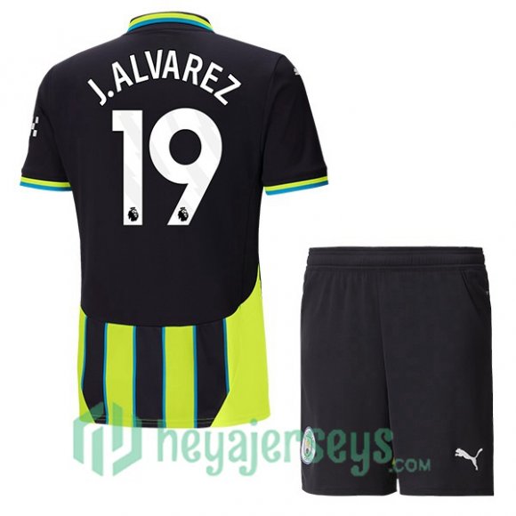 Manchester City (Julián Álvarez 19) Kids Away Soccer Jerseys Green Black 2024/2025