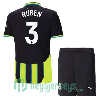 Manchester City (Ruben Dias 3) Kids Away Soccer Jerseys Green Black 2024/2025