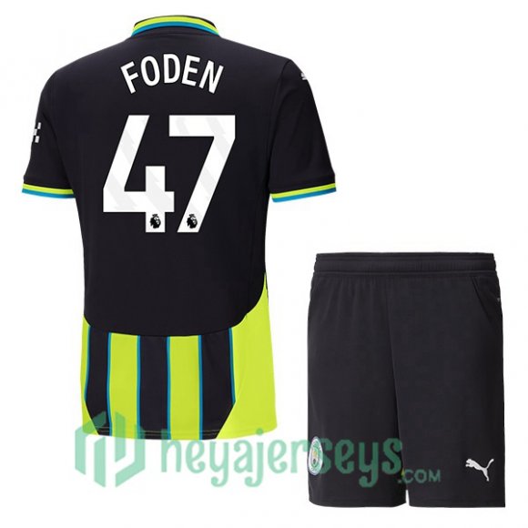 Manchester City (Phil Foden 47) Kids Away Soccer Jerseys Green Black 2024/2025