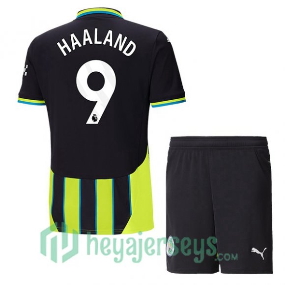 Manchester City (Erling Haaland 9) Kids Away Soccer Jerseys Green Black 2024/2025